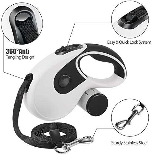 Retractable Dog Leash Heavy Duty 360°Tangle-Free Pet Walking Leashes Anti-Slip Handle 16ft Strong Nylon Cord with Poop Bag Dispenser&Bowl for Medium Large Small Dog(White)