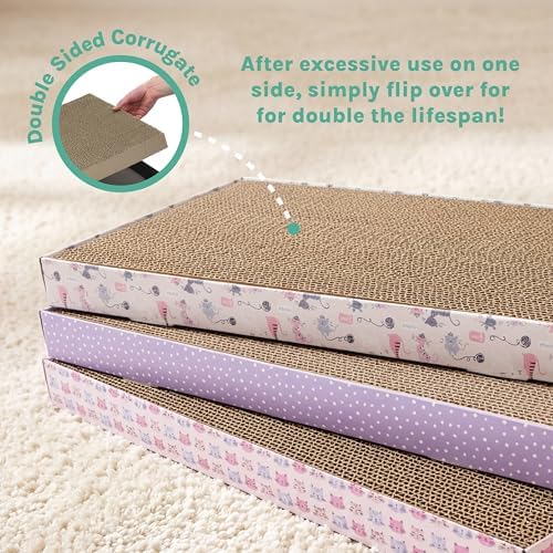 Kitty City 3-Pack XL Double Sided Corrugate Cat Scratcher Pads - X-Large Horizontal Cat Scratcher Mats, Reversible Corrugate Nail File Scratchers - Pink Cats Design, 18” x 10” Each
