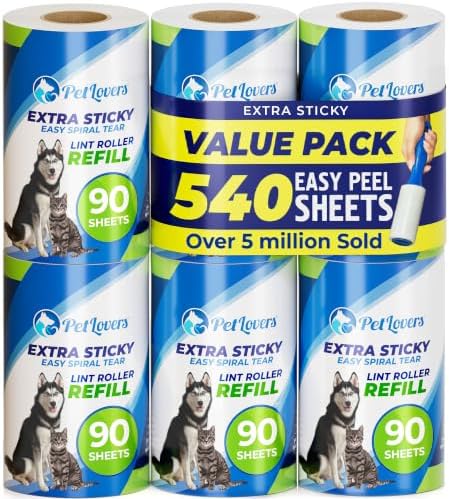 PetLovers Extra Sticky Lint Roller 6 Pack of Refills Only - No Handle Included - 90 Sheets Per Refill 540 Sheets Total