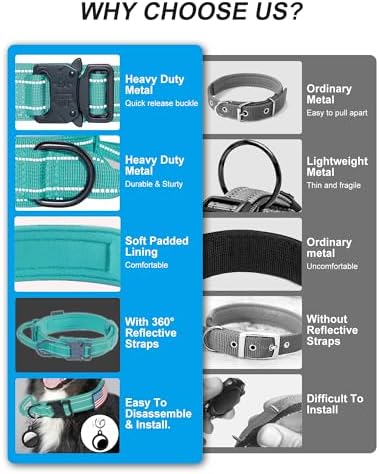 AUBELL Reflective Tactical Heavy Duty Dog Collar with Handle,Teal L