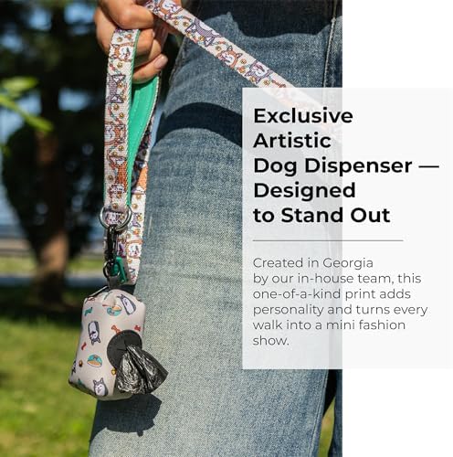 KIKI & RIKI Premium Dog Poop Bag Holder, Waste Bag Dispenser with Leash Clip, Artist-Designed Print (Designed in Georgia), Includes 1 Starter Roll of Bags, Fits Standard Rolls, Beige (Funny Pups)