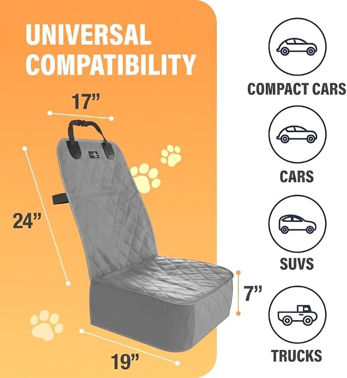 Active Pets Dog Car Seat Cover, Waterproof Front Seat Protector for SUV Truck Sedan, Pet Safety Travel Comfort System with Universal Fit, Grey