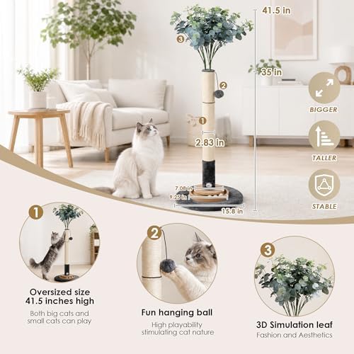 47" Cat Scratching Post, Nature Sisal Rope Cat Scratcher Tree, Durable Scratcher Post with Hanging Ball, Mouse Hole & Ball Track, 3-Layer Stable Wood Base for Large Cats & Adult Cats