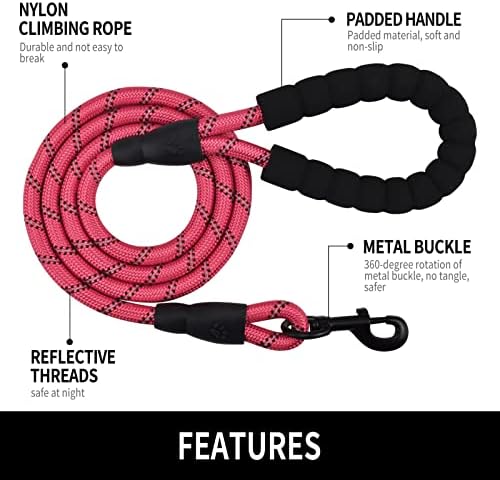 6FT Reflective Dog Leash with Padded Handle for All Dog Sizes.Pink