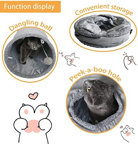 Cat Tunnel for Indoor Cats, 51×12 inch Foldable Big Cat Tunnel, Grey Suede Pet Tunnels with Two Peepholes and a Bubble Ball