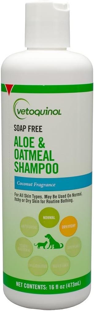 Vetoquinol Aloe & Oatmeal Shampoo - Gentle & Moisturizing Formula for Dogs & Cats - Pet Shampoo for Deep Cleansing - Paraben-Free Coat Care for All Skin Types - 16oz