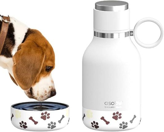 asobu Buddy Bottle, a Stainless Steel Insulated Water Bottle with Removable Dog Water Bowl and Dog Food and Treat Storage plate (White, 37 oz Water Bottle with 2 Bowls)