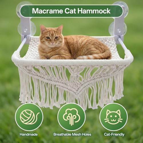 Cat Hammock & Window Perch w/ 4 Suction Cups, Foldable Adjustable Boho Cotton Rope Pet Hammock Bed & Cat Shelves for Indoor Cats/Small Animals - All-Season Sleeping, Lounging, Climbing