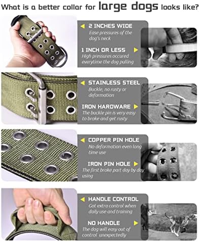 Large Dog Collar Heavy Duty - 2 inch Wide with Handle for Extra Large Breed Dogs, 1/3" Thick Nylon Chew Proof Tactical Collar, Good Choice for German Shepherd,Pitbull,Rottweiler,Green,22-27 in