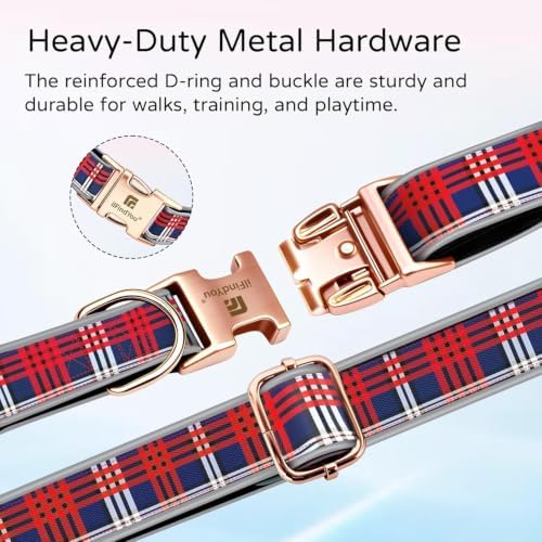 Reflective Plaid Dog Collar for Small Dogs, Red & Blue-S