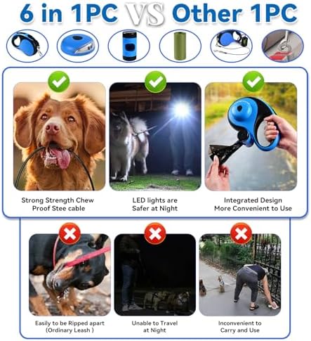 26ft Retractable Dog Leash for Large Dogs Up to 110lbs, LED Light, Blue