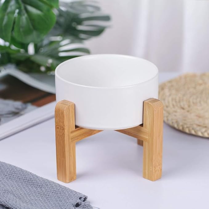 Ceramic Elevated Dog Bowl with Bamboo Stand, for Small & Medium Dog, White