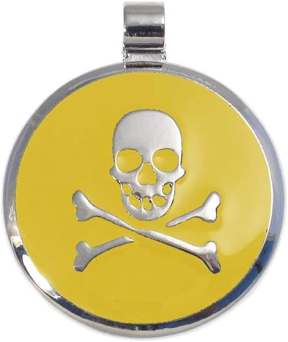 LuckyPet Pet ID Tag - Skull & Crossbones Jewelry Tag - Dog Tags & Cat Tags - Custom Engraved on Back Side - Size: Small, Color: Yellow