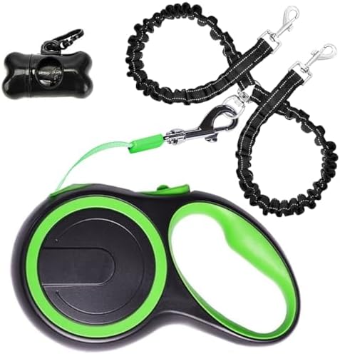 Dual Retractable Dog Leash for 2 Dogs (Green) - 16ft Heavy Duty Leash with One Button Lock & 360° Tangle-Free Design, for Medium/Large Dogs up to 110lbs/50kg