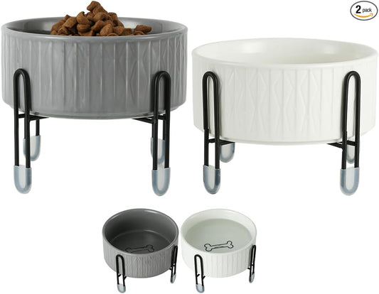 32 oz Ceramic Dog Cat Bowls with Elevated Metal Stand | 6.5 Inch Wide, 2 Heights, Round Pet Food and Water Feeder Bowl Dish, for Cats & Dogs, White & Grey