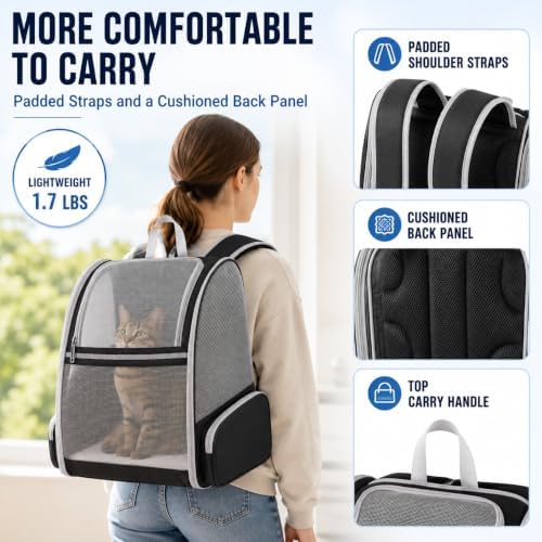 Cat Carrier Backpack for Cats and Small Dogs up to 15 lbs, Soft-Sided Foldable Pet Carrier with Breathable Mesh, Front Upper&Dual Side Entry, Support Frame, Hard Bottom for Vet Visits and Air Travel