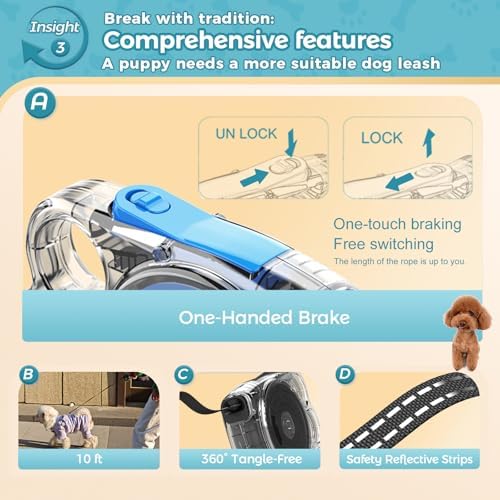 10 ft Retractable Dog Leash for Tiny & Small Dogs, Puppies, Cats