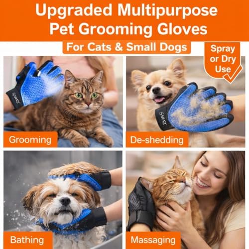 Sara'z Upgraded Pet Grooming Spray Glove with Built-in Water Mister for Dogs, Cats & Horses - 2-in-1 Silicone Deshedding & Massage Glove, Anti-Static Fine Mist Sprayer (Blue)