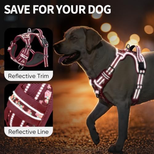 HEELE Large Dog Harness, Reflective, No Pull No Choke, Flower Burgundy, XL