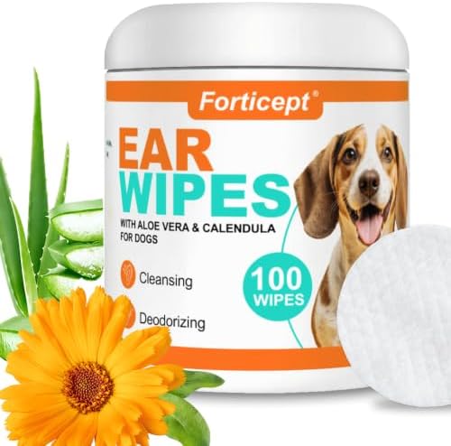 Forticept Dog Ear Wipes, Dog Ear Cleaner, Odor Control, Dirt and Wax Removal with Soothing Aloe Vera & Eucalyptus, Regular Wipes, 100 Count