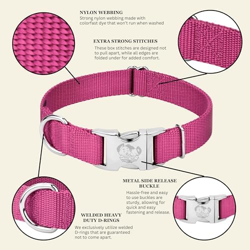 Country Brook Petz - Premium Nylon Dog Collar with Metal Buckle for Small Medium Large Breeds - 30+ Colors (Large, 1 Inch, Rose)