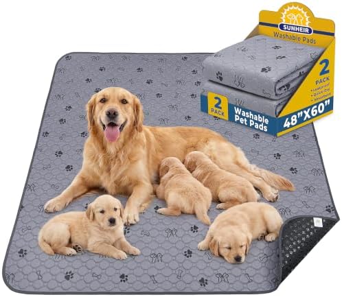 Sunheir Washable Pee Pads for Dogs, 2 Pack 48” x 60” Waterproof Puppy Pads