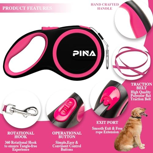 PINA Retractable Dog Leash, 16ft Dog Leash for Small Medium Dogs Up to 44lbs, 360° Tangle-Free Strong Reflective Nylon Tape, with Anti-Slip Handle, One-Handed Brake, Lock - Black Pink