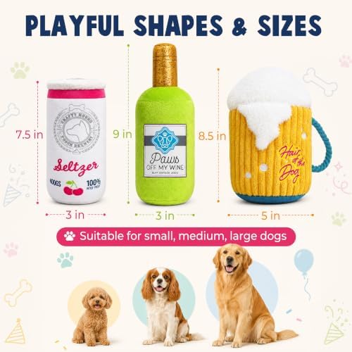 PrimePets 3 Pack Plush Squeaky Dog Toys, Drink-Themed Dog Toy Set