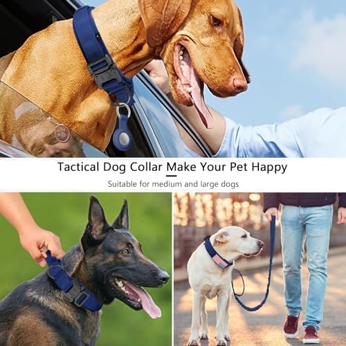 DAGANXI Tactical Dog Collar, Adjustable Military Training Nylon Dog Collar with Control Handle and Heavy Metal Buckle for Medium and Large Dogs, with Patches and Airtags Case (Midnight Blue-Set, L)