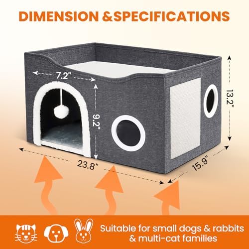 Indoor Heated Cat House, Adjustable Temperature Cat Heating Bed with Timer and Chew Resistant Cord, Large Cat House with Heating Pad for Small Medium and Large Cats