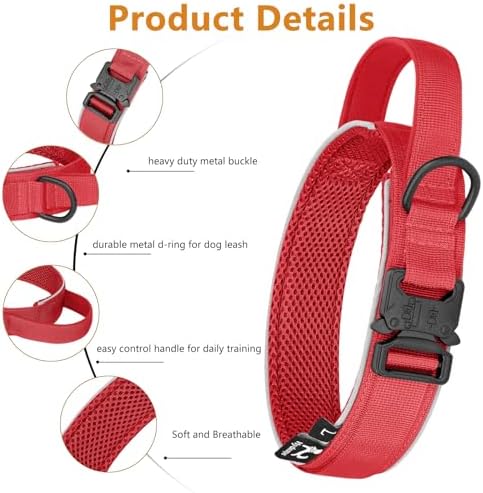 HYDEME Tactical Dog Collar, Alpine Loop Adjustable Military Training Nylon Dog Collars with Handle and Reflective for Small Medium Large Dogs, with Airtags Protective Case & Patches.(XL,Red)
