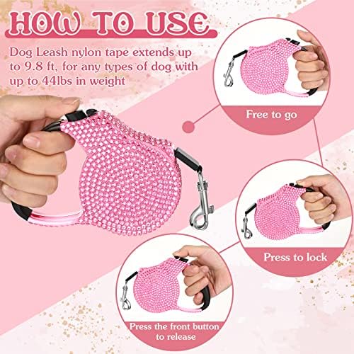 LEIFIDE 2 Pack Rhinestone Retractable Dog Leash and Bag Holder Set Pink Bling Bone Shaped Pet Waste Bags Dispenser with Metal Clip Heavy Duty Dog Leash for Most Puppy