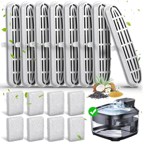 16 Pack Cat Water Fountain Filters-Cat Fountain Replacement Filters for Stainless Steel 108/3.2L Adjustable Water Flow Pet Water Fountain(8 Filters&8 Sponges)