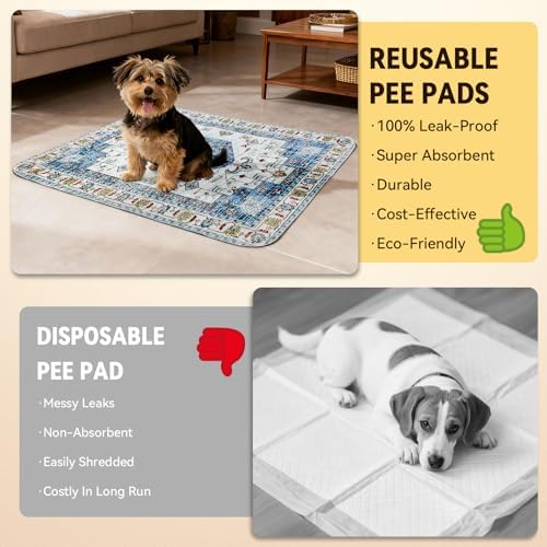 Washable Pee Pads for Dogs, Stylish Absorbent Reusable Training Dog Pads, Non-Slip and Leak-Proof Puppy Pads, Potty Pads for Crates, Whelping, Playpen, Bed and Floors (Blue Medallion, 18" x 24" 2PACK)