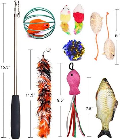 Cat Toys Set, Cat Retractable Teaser Wand, Catnip Fish, Interactive Cat Feather Toy, Mylar Crincle Balls, Two Cotton Mice, Four Fluffy Mouse