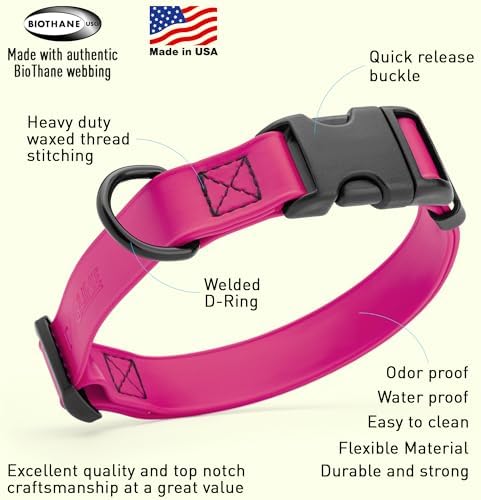 Dogline Biothane Waterproof Dog Collar with Quick Release Buckle Strong Coated Nylon Webbing with Odor- Proof for Easy Care Easy to Clean Fits Small Medium Large Dogs, Magenta Pink 3/4" W 12-19" L
