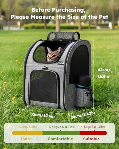 Pecute Cat Backpack with Breathable Mesh, Dog Backpack Carrier with Multi-Pockets, Cat Carrier Backpack Comfortable, Cat Backpack Carrier for Travel Hiking and Camping Gray