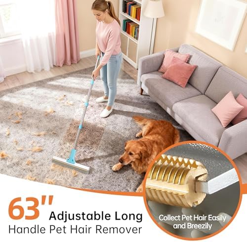 Carpet Rake for Pet Hair Removal Tool, 2 in 1 TPU and Copper Rake Teeth Uproot Clean Hair Remover with 63’’ Adjustable Long Handle,Cat & Dog for Carpets,Rugs, Mats (63’’ Handle)