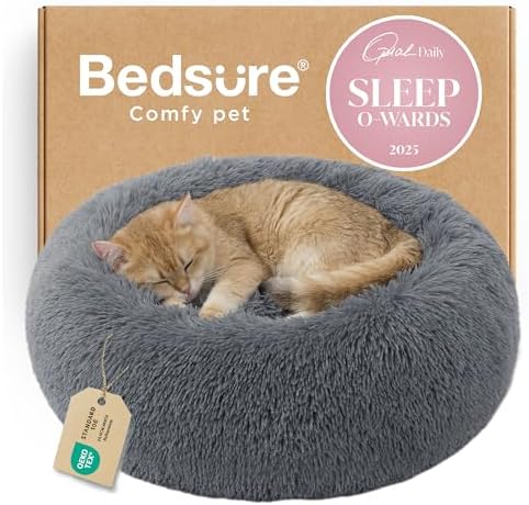 Bedsure Calming Cat Beds Donut Round Washable Kitten Bed,20 inches Darkgrey