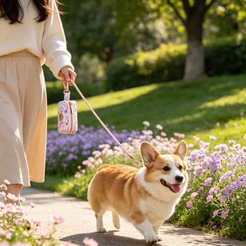 ARING PET Floral Dog Poop Bag Holder, Cotton Puppy Purple Rose Waste Bag Dispenser Attach to Any Leashes, Portable Washable Pet Waste Pouch Holder with Two Rolls of Bags