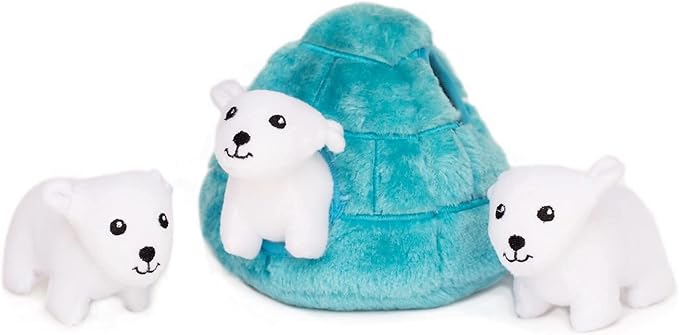 ZippyPaws Burrow- Interactive Dog & Puppy Toys for Boredom, Stimulating Pet Products to Keep Them Busy, Hide & Seek Plush Dog Puzzle, Enrichment Squeaky Toy, for Small & Medium Dogs- Polar Bear Igloo