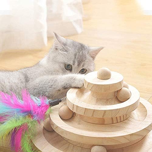 Wooden Cat Toy, 3-Layer Cat Turntable with Cat Toy Feather Stick (10IN)