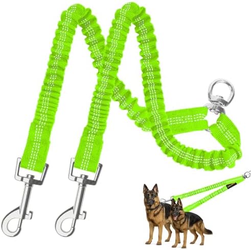 MingXpet 2 Dog Leash, Dog Leash for 2 Dogs, 360° Swivel No Tangle Double Walking Training Leashes for Large Dogs that Pull, Comfortable Shock Absorbing Reflective Bungee, Green