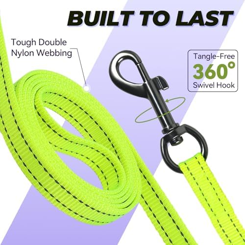 VIVAGLORY Double Handle Dog Leash Twingrip, 4ft x 1/2in, Neon Yellow