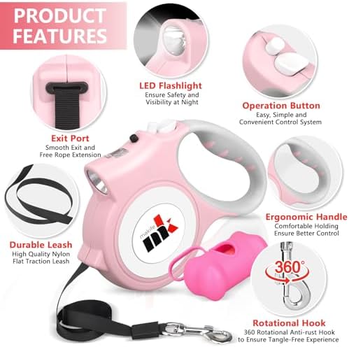 Retractable Dog Leash with LED Light Makife 5m Extendable Dog Lead for Small Medium Puppis up to 25kgs, One-Hand Brake & Lock System, Ergonomic Handle - Light Pink