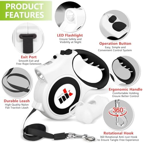 Retractable Dog Leash with LED Light Makife 5m Extendable Dog Lead for Small Medium Puppis up to 25kgs, One-Hand Brake & Lock System, Ergonomic Handle (White)