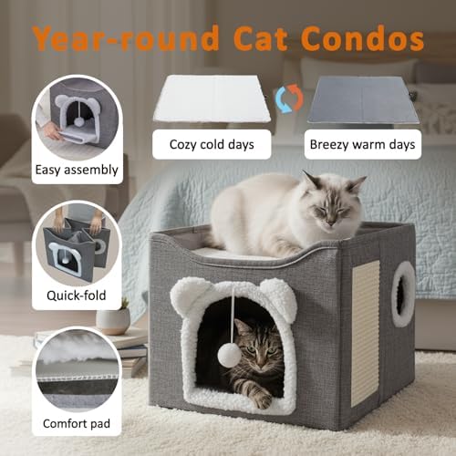 Cat Houses for Indoor Cats, Large Cats Bed Cave, Kitten Cube Box,Cat Condo with Scratching Pad, Hanging Fluffy Ball & Peekaboo Window, Foldable Hideaway Hand-Washable(16x16x13.3 Inches,Grey)