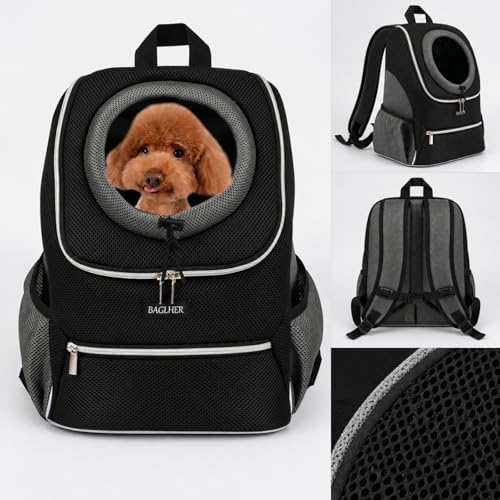 BAGLHER Dog Carrier Backpack for Small Dogs - Front Breathable Pet Backpack with Safety Buckle, Adjustable Hands-Free Design for Hiking, Cycling, Camping & Outdoor Use - Black, Size Large 10-14 lbs