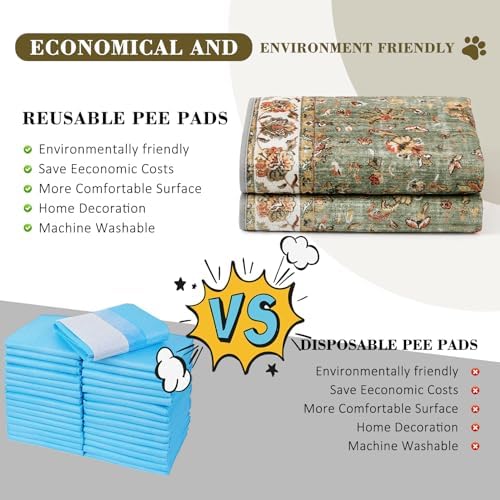 Washable Pee Pads for Dogs, 2 Pack Reusable Puppy Pads Absorbent Training Pads for Dogs Waterproof Dog Mat Non-Slip Whelping Pet Mat (Green/Flower, 36“×24”-2Pack)