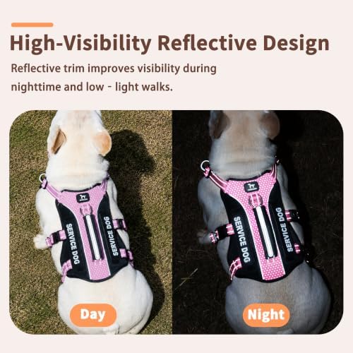 Huntboo Service Dog Vest Harness, Escape Proof Harness with 6 Patches, No-Pull, Reflective Harness with Handle, Adjustable for Small to Large Dogs, for Training and Hiking (Pink, S)